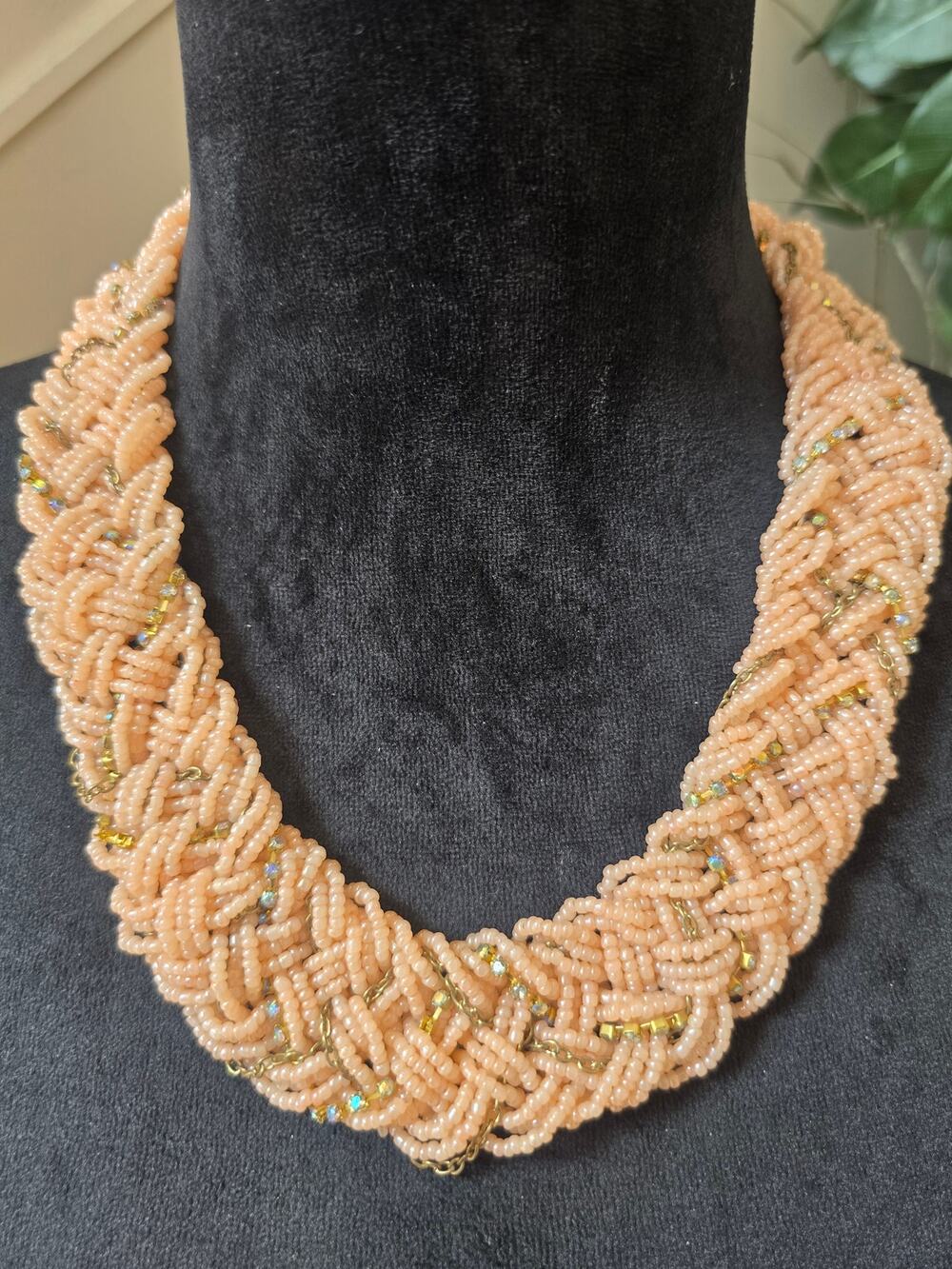 Peach Blush Multi Strand Braided Beaded Statement Necklace
